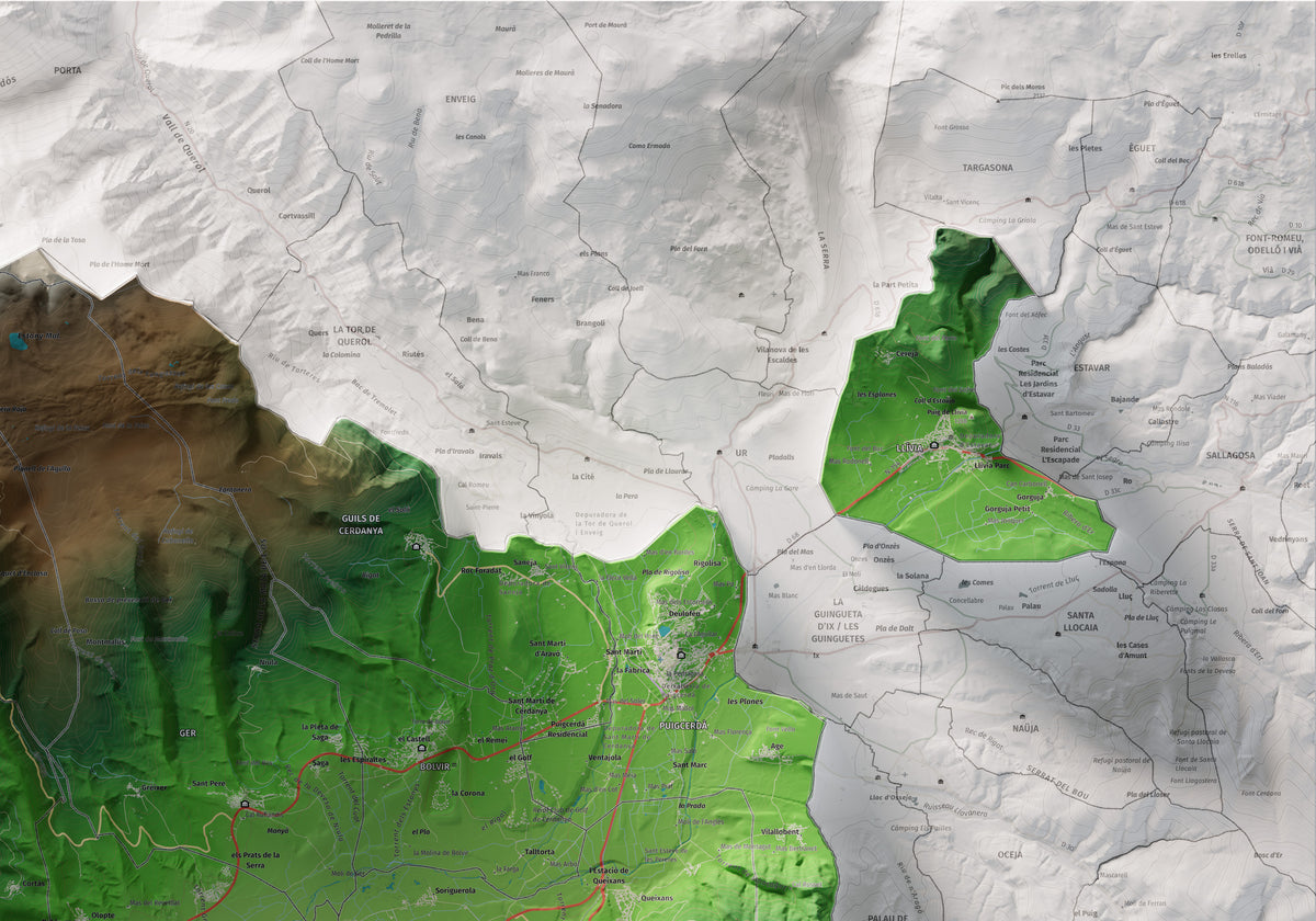 Mapa de relleu de la Cerdanya, amb el territori en color i l’entorn en blanc. Detall de la part superior dreta. 70 × 100 cm. Estil Clàssic.