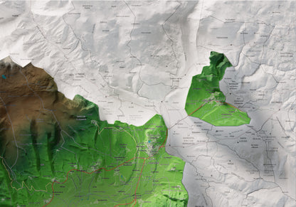 Mapa de relleu de la Cerdanya, amb el territori en color i l’entorn en blanc. Detall de la part superior dreta. 70 × 100 cm. Estil Clàssic.
