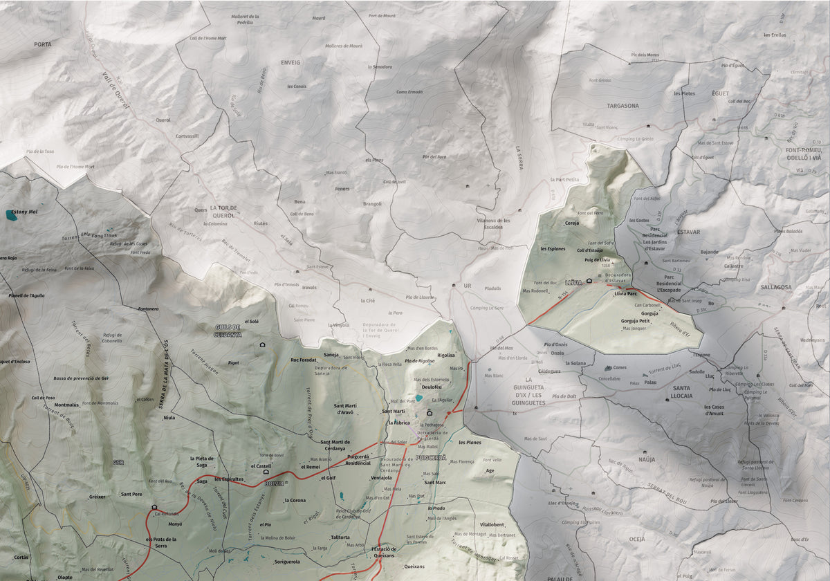 Mapa de relleu de la Cerdanya, amb el territori en color i l’entorn en blanc. Detall de la part superior dreta. 70 × 100 cm. Estil Cartogràfic.