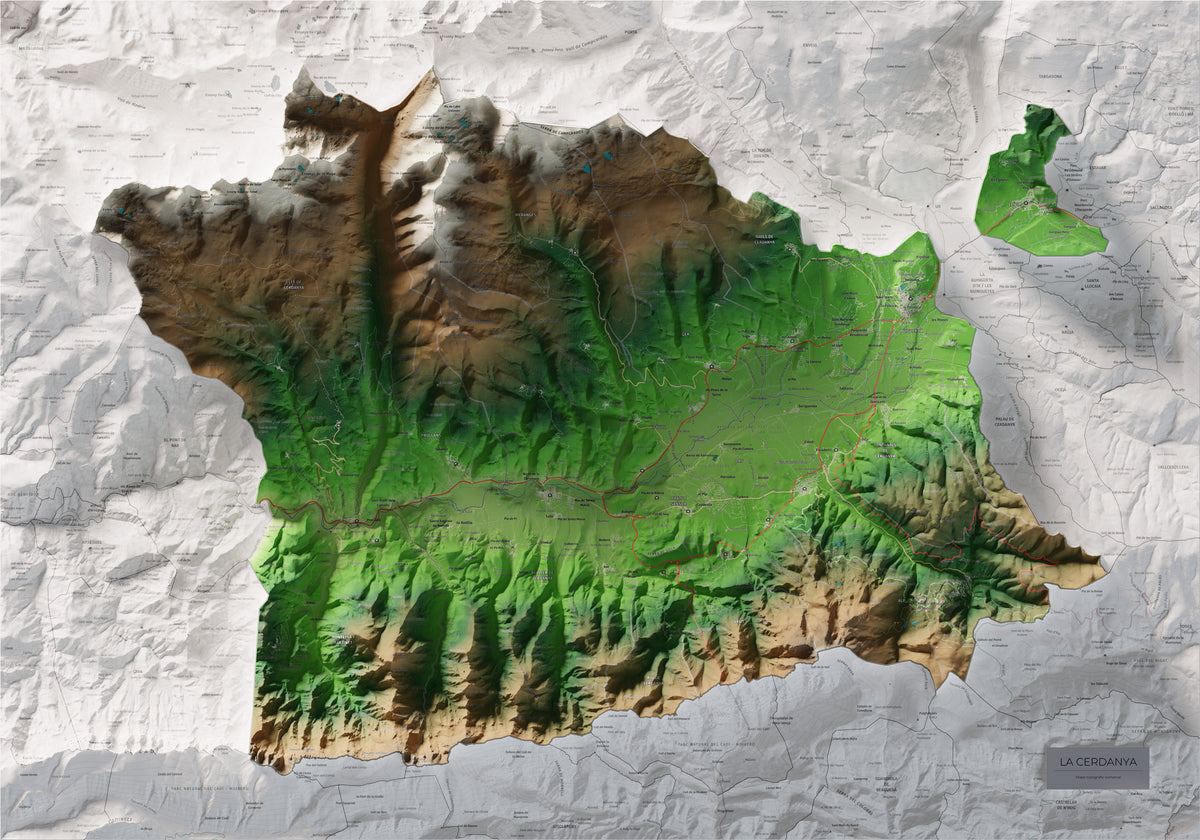 Mapa de relleu de la Cerdanya, amb el territori en color i l’entorn en blanc. Vista completa de la làmina. 70 × 100 cm. Estil Clàssic.