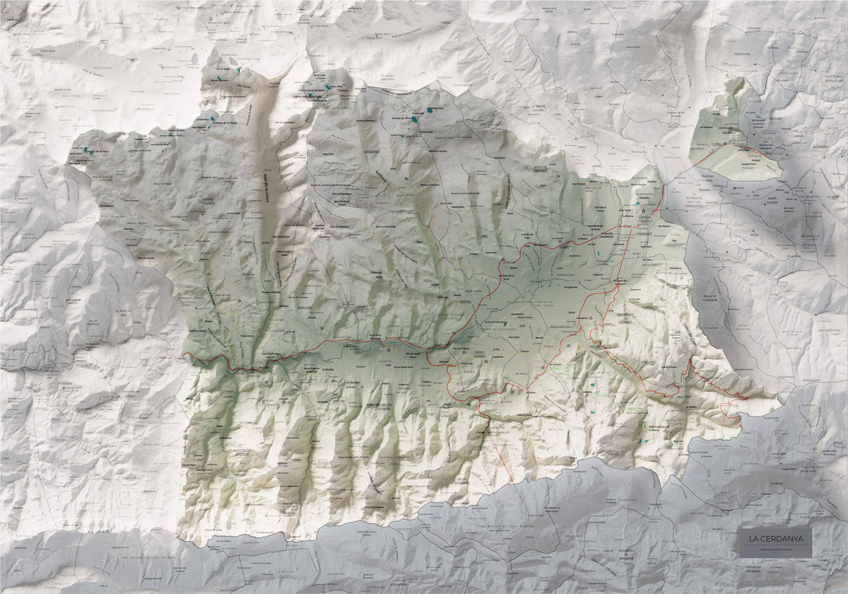 Mapa de relleu de la Cerdanya, amb el territori en color i l’entorn en blanc. Vista completa de la làmina. 70 × 100 cm. Estil Cartogràfic.