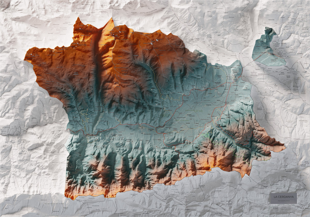 Mapa de relleu de la Cerdanya, amb el territori en color i l’entorn en blanc. Vista completa de la làmina. 70 × 100 cm. Estil Blau i taronja.