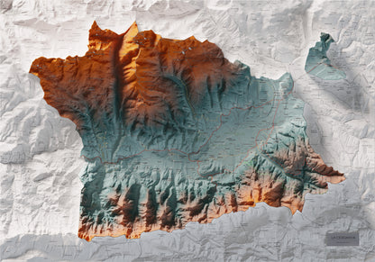 Mapa de relleu de la Cerdanya, amb el territori en color i l’entorn en blanc. Vista completa de la làmina. 70 × 100 cm. Estil Blau i taronja.