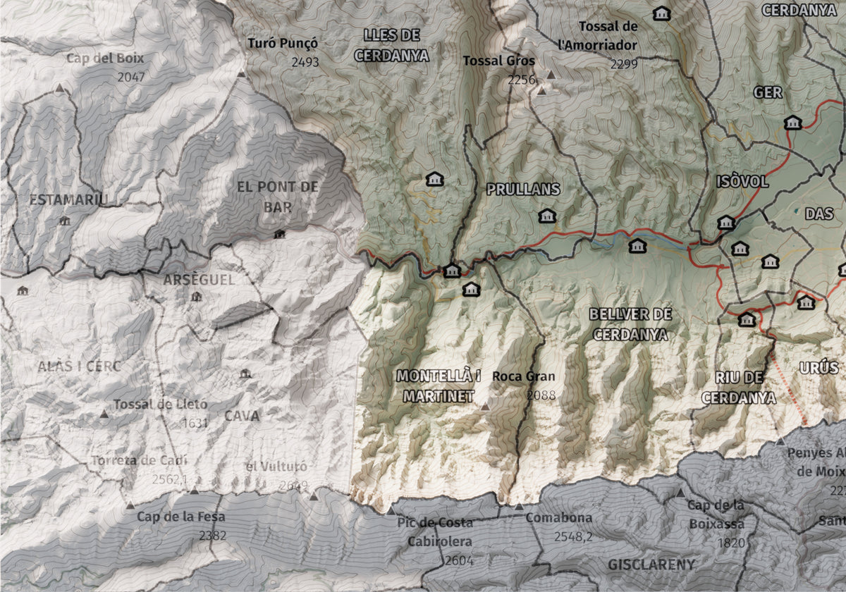 Mapa de relleu de la Cerdanya completa, amb el territori en color i l’entorn en blanc. Detall de la part inferior esquerra. 21 × 30 cm. Estil Cartogràfic.