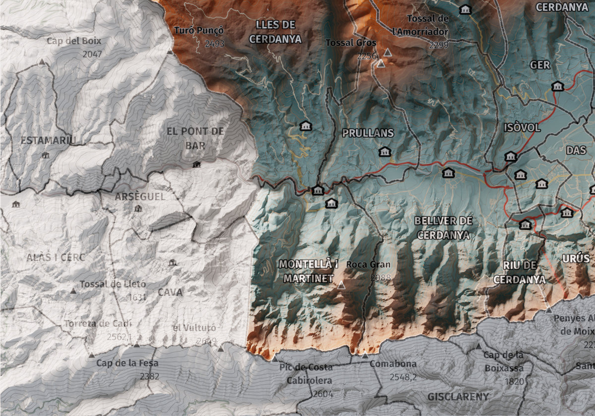 Mapa de relleu de la Cerdanya completa, amb el territori en color i l’entorn en blanc. Detall de la part inferior esquerra. 21 × 30 cm. Estil Blau i taronja. Aigua del mapa en blanc.