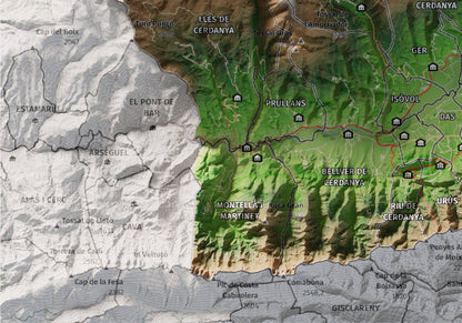 Mapa de relleu de la Cerdanya completa, amb el territori en color i l’entorn en blanc. Detall de la part inferior esquerra. 21 × 30 cm. Estil Clàssic.