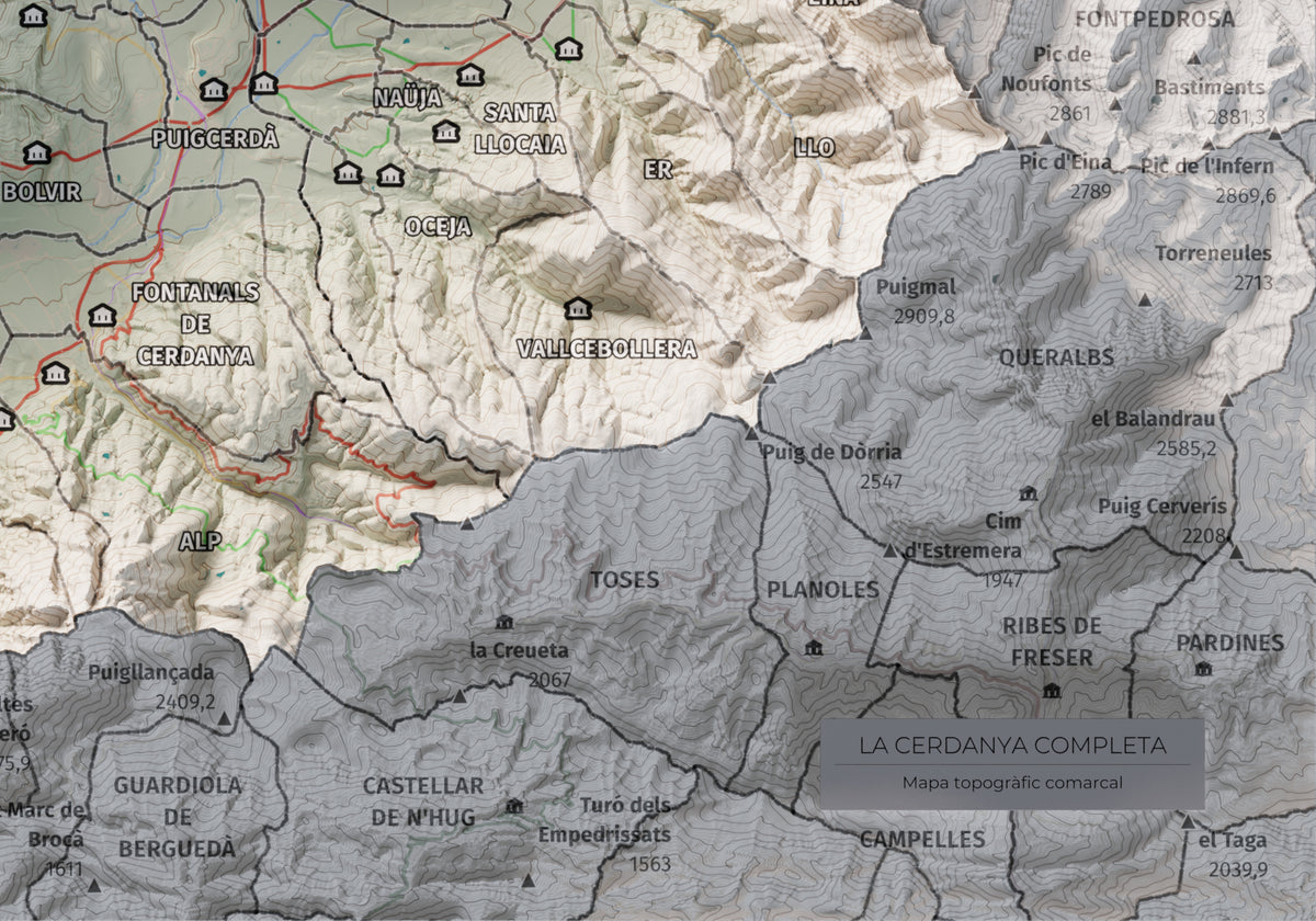 Mapa de relleu de la Cerdanya completa, amb el territori en color i l’entorn en blanc. Detall de la part inferior dreta. 21 × 30 cm. Estil Cartogràfic.