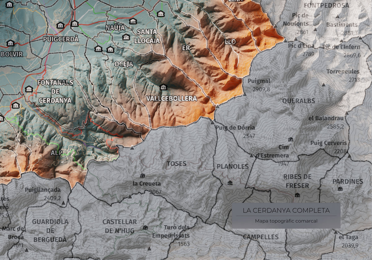 Mapa de relleu de la Cerdanya completa, amb el territori en color i l’entorn en blanc. Detall de la part inferior dreta. 21 × 30 cm. Estil Blau i taronja. Aigua del mapa en blanc.