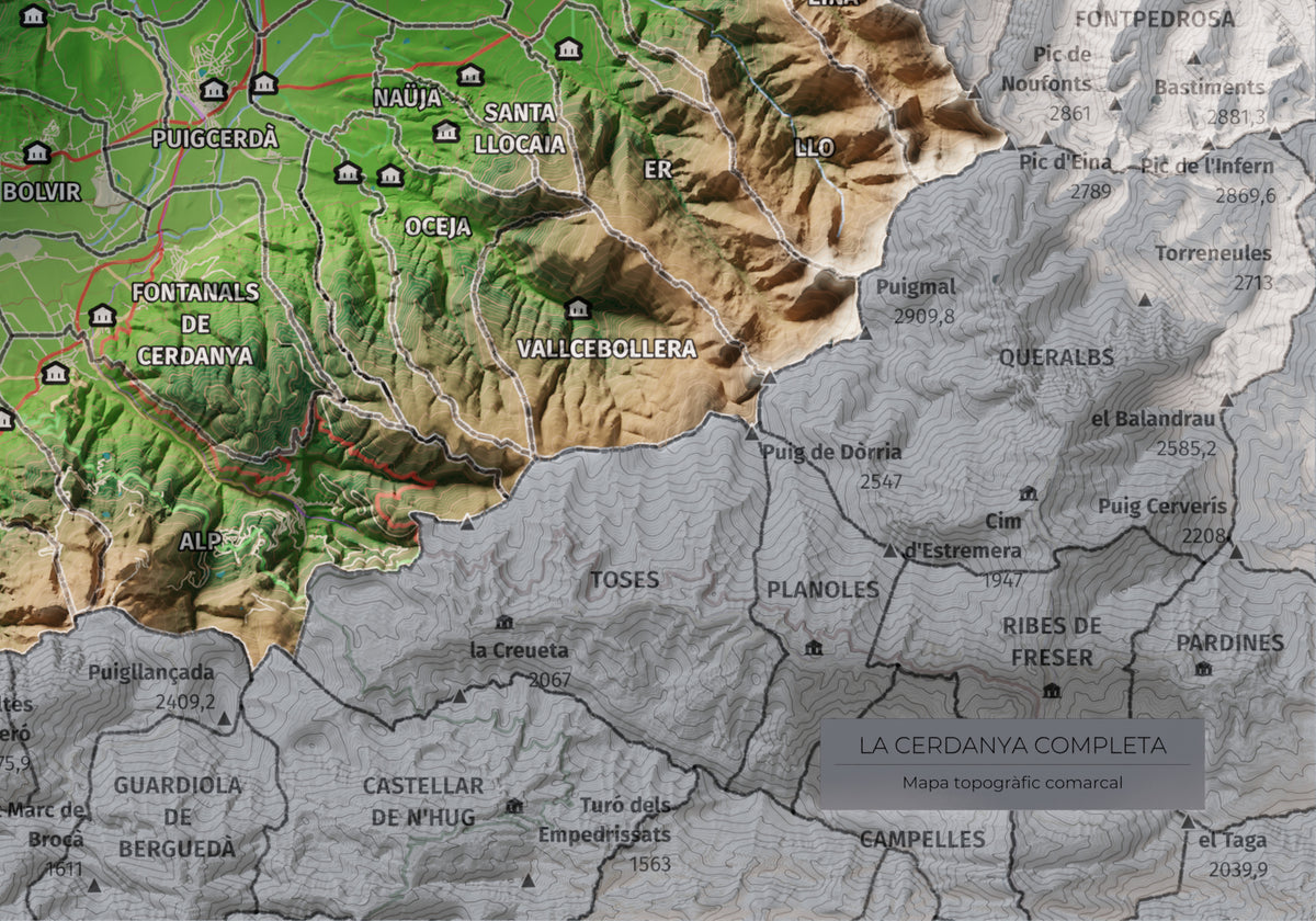 Mapa de relleu de la Cerdanya completa, amb el territori en color i l’entorn en blanc. Detall de la part inferior dreta. 21 × 30 cm. Estil Clàssic.