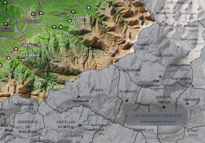Mapa de relleu de la Cerdanya completa, amb el territori en color i l’entorn en blanc. Detall de la part inferior dreta. 21 × 30 cm. Estil Clàssic.
