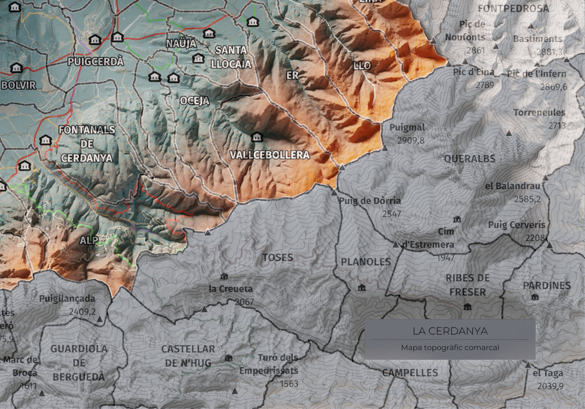 Mapa de relieve de la Cerdanya completa, con el territorio en color y el entorno en blanco. Detalle de la zona inferior derecha. 21 × 30 cm. Estilo Contrastado. Agua del mapa en blanco.