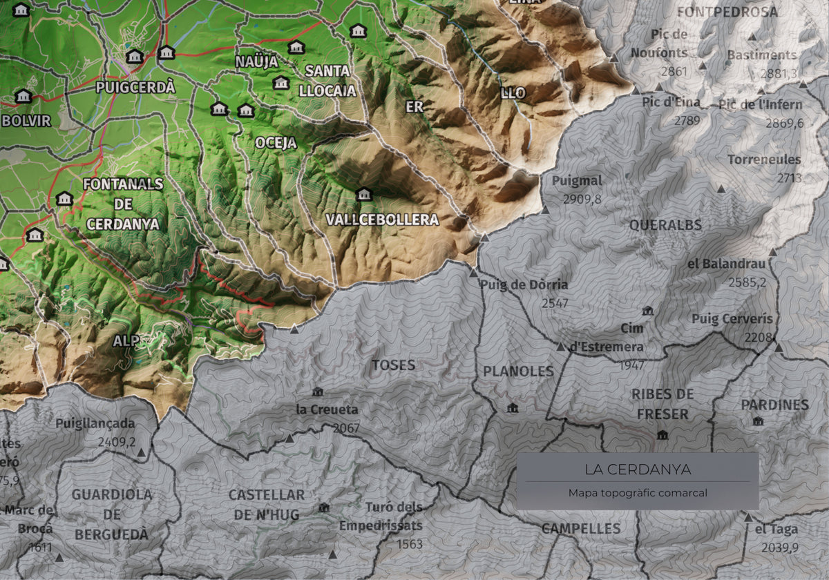 Mapa de relieve de la Cerdanya completa, con el territorio en color y el entorno en blanco. Detalle de la zona inferior derecha. 21 × 30 cm. Estilo Clásico.
