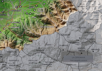 Mapa de relieve de la Cerdanya completa, con el territorio en color y el entorno en blanco. Detalle de la zona inferior derecha. 21 × 30 cm. Estilo Clásico.