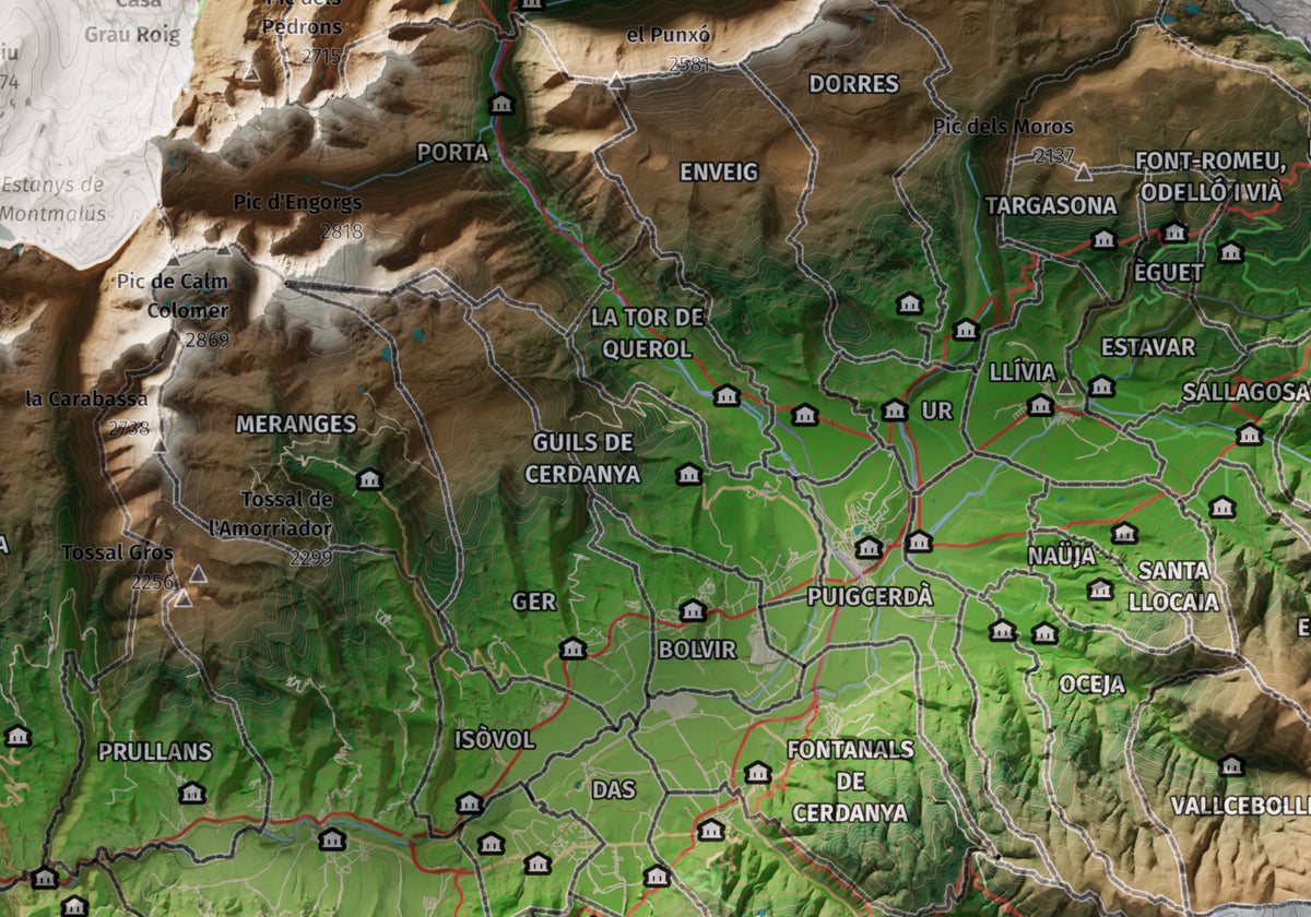 Mapa de relieve de la Cerdanya completa, con el territorio en color y el entorno en blanco. Detalle de la zona central. 21 × 30 cm. Estilo Clásico.