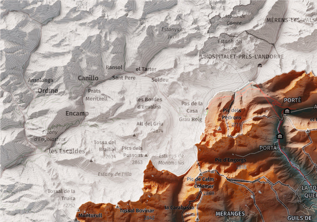 Mapa de relleu de la Cerdanya completa, amb el territori en color i l’entorn en blanc. Detall de la part superior esquerra. 21 × 30 cm. Estil Blau i taronja. Aigua del mapa en blanc.