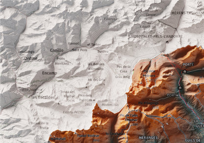 Mapa de relleu de la Cerdanya completa, amb el territori en color i l’entorn en blanc. Detall de la part superior esquerra. 21 × 30 cm. Estil Blau i taronja. Aigua del mapa en blanc.