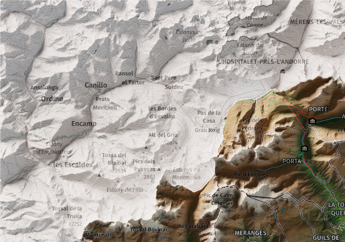 Mapa de relleu de la Cerdanya completa, amb el territori en color i l’entorn en blanc. Detall de la part superior esquerra. 21 × 30 cm. Estil Clàssic.