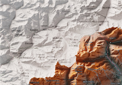 Mapa de relieve de la Cerdanya completa, con el territorio en color y el entorno en blanco. Detalle de la zona superior izquierda. 21 × 30 cm. Estilo Contrastado. Agua del mapa en blanco.
