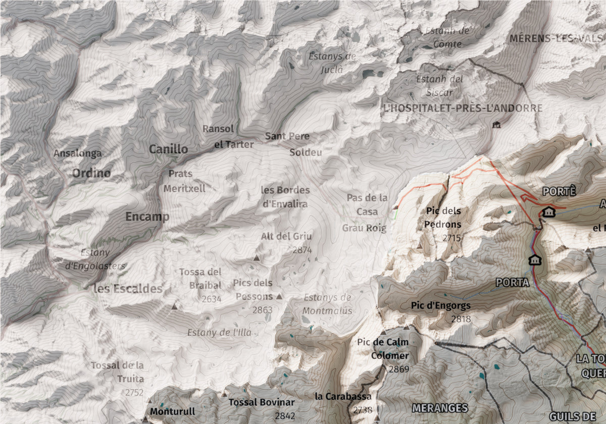 Mapa de relieve de la Cerdanya completa, con el territorio en color y el entorno en blanco. Detalle de la zona superior izquierda. 21 × 30 cm. Estilo Cartográfico.