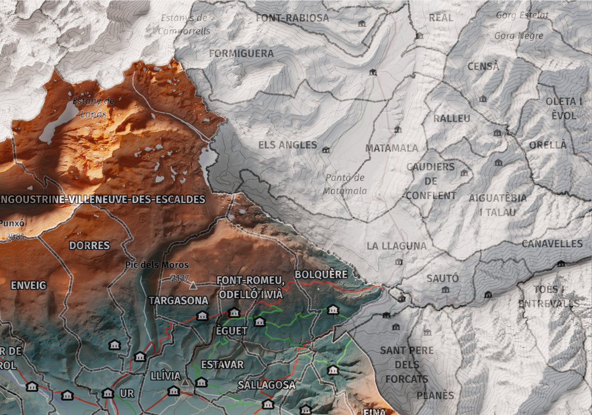 Mapa de relleu de la Cerdanya completa, amb el territori en color i l’entorn en blanc. Detall de la part superior dreta. 21 × 30 cm. Estil Blau i taronja. Aigua del mapa en blanc.