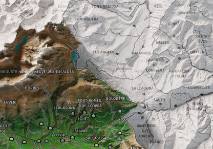 Mapa de relieve de la Cerdanya completa, con el territorio en color y el entorno en blanco. Detalle de la zona superior derecha. 21 × 30 cm. Estilo Clásico.