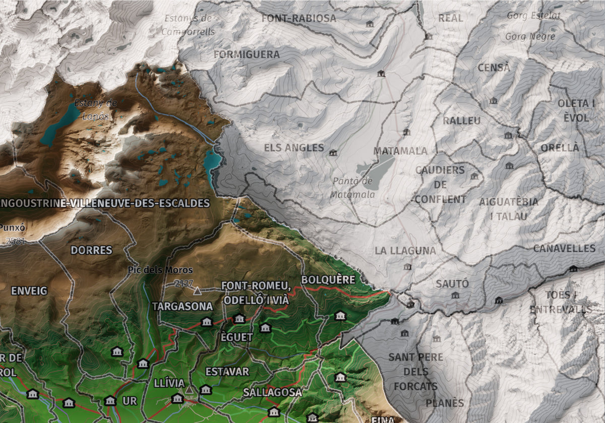 Mapa de relleu de la Cerdanya completa, amb el territori en color i l’entorn en blanc. Detall de la part superior dreta. 21 × 30 cm. Estil Clàssic.
