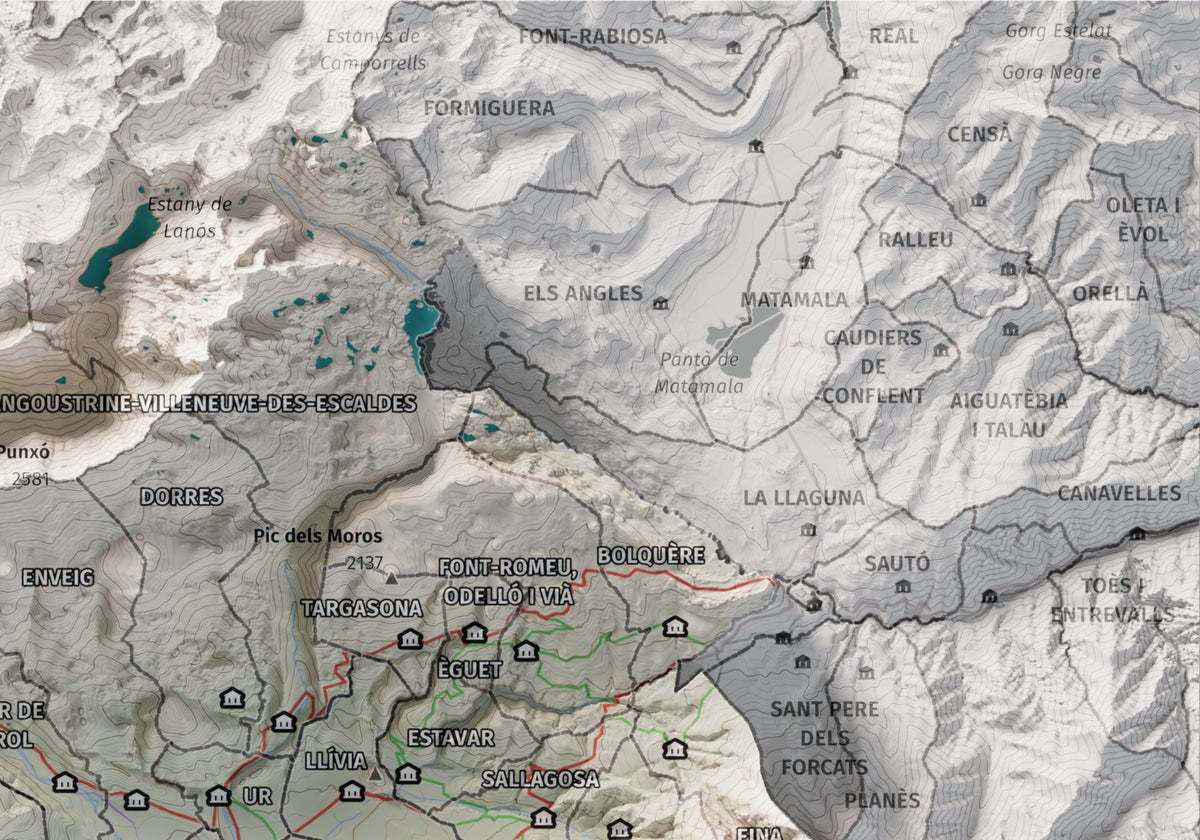 Mapa de relleu de la Cerdanya completa, amb el territori en color i l’entorn en blanc. Detall de la part superior dreta. 21 × 30 cm. Estil Cartogràfic.