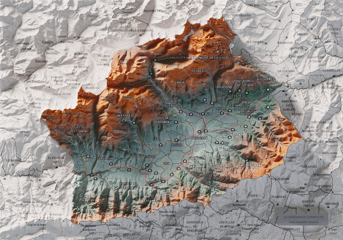 Mapa de relleu de la Cerdanya completa, amb el territori en color i l’entorn en blanc. Vista completa de la làmina. 21 × 30 cm. Estil Blau i taronja. Aigua del mapa en blanc.