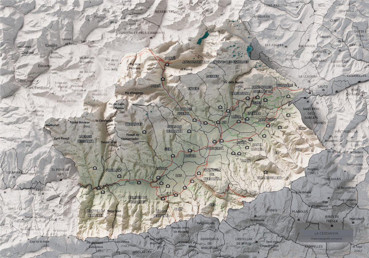 Mapa de relieve de la Cerdanya completa, con el territorio en color y el entorno en blanco. Vista completa de la lámina. 21 × 30 cm. Estilo Cartográfico.