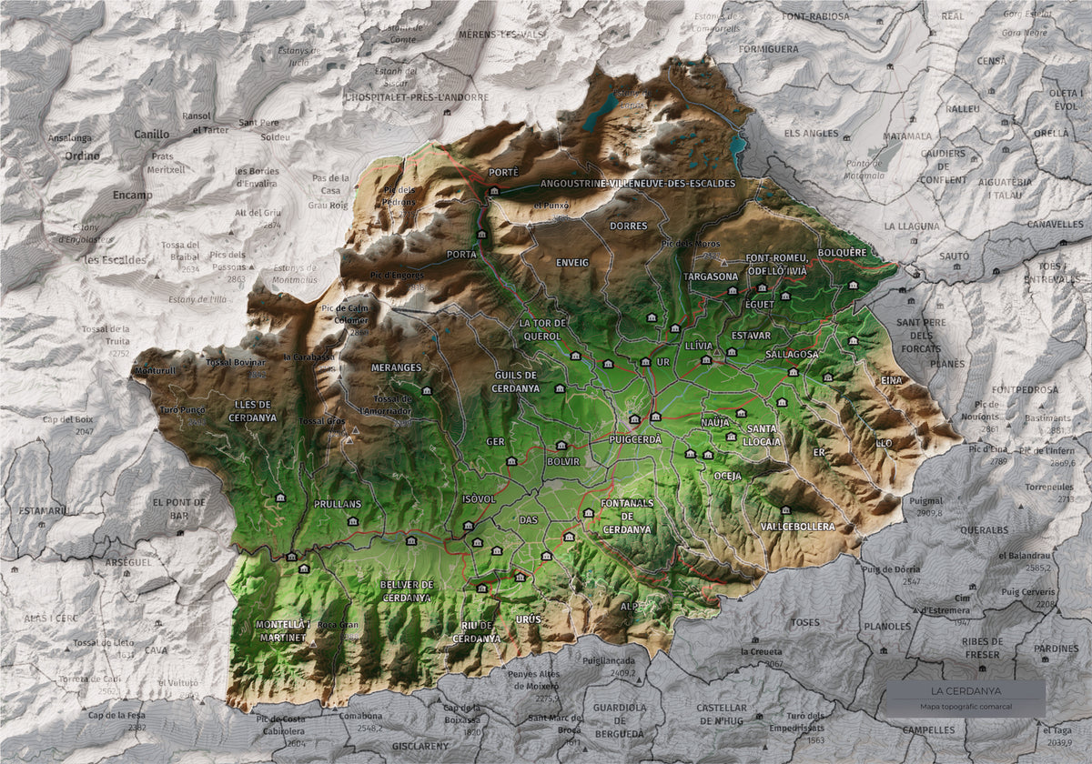 Mapa de relieve de la Cerdanya completa, con el territorio en color y el entorno en blanco. Vista completa de la lámina. 21 × 30 cm. Estilo Clásico.