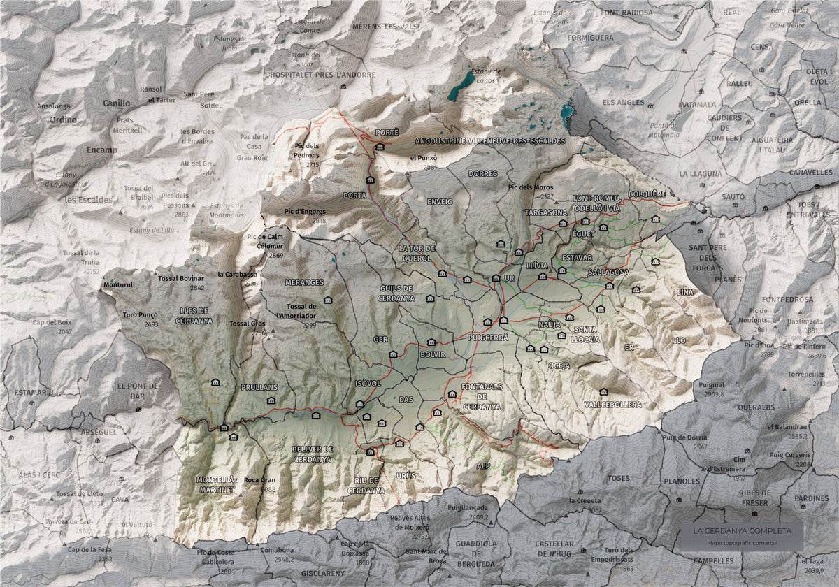 Mapa de relleu de la Cerdanya completa, amb el territori en color i l’entorn en blanc. Vista completa de la làmina. 21 × 30 cm. Estil Cartogràfic.