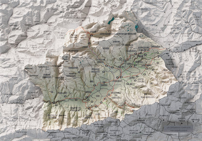 Mapa de relleu de la Cerdanya completa, amb el territori en color i l’entorn en blanc. Vista completa de la làmina. 21 × 30 cm. Estil Cartogràfic.