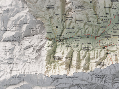Mapa de relleu de la Cerdanya completa, amb el territori en color i l’entorn en blanc. Detall de la part inferior esquerra. 30 × 40 cm. Estil Cartogràfic.
