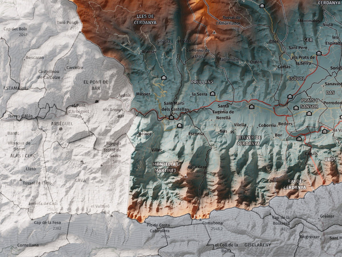 Mapa de relleu de la Cerdanya completa, amb el territori en color i l’entorn en blanc. Detall de la part inferior esquerra. 30 × 40 cm. Estil Blau i taronja. Aigua del mapa en blanc.