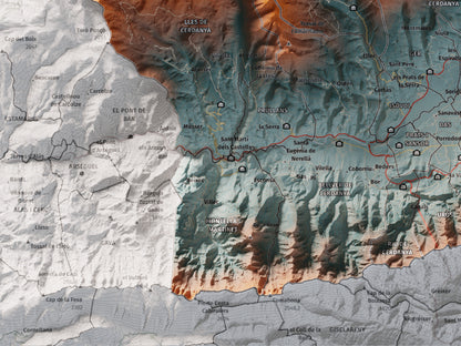 Mapa de relleu de la Cerdanya completa, amb el territori en color i l’entorn en blanc. Detall de la part inferior esquerra. 30 × 40 cm. Estil Blau i taronja. Aigua del mapa en blanc.