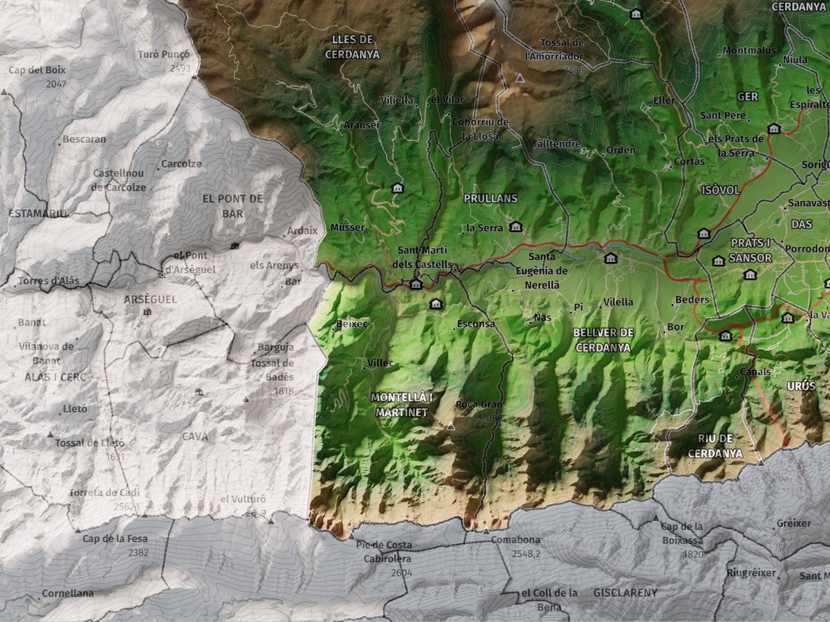 Mapa de relleu de la Cerdanya completa, amb el territori en color i l’entorn en blanc. Detall de la part inferior esquerra. 30 × 40 cm. Estil Clàssic.