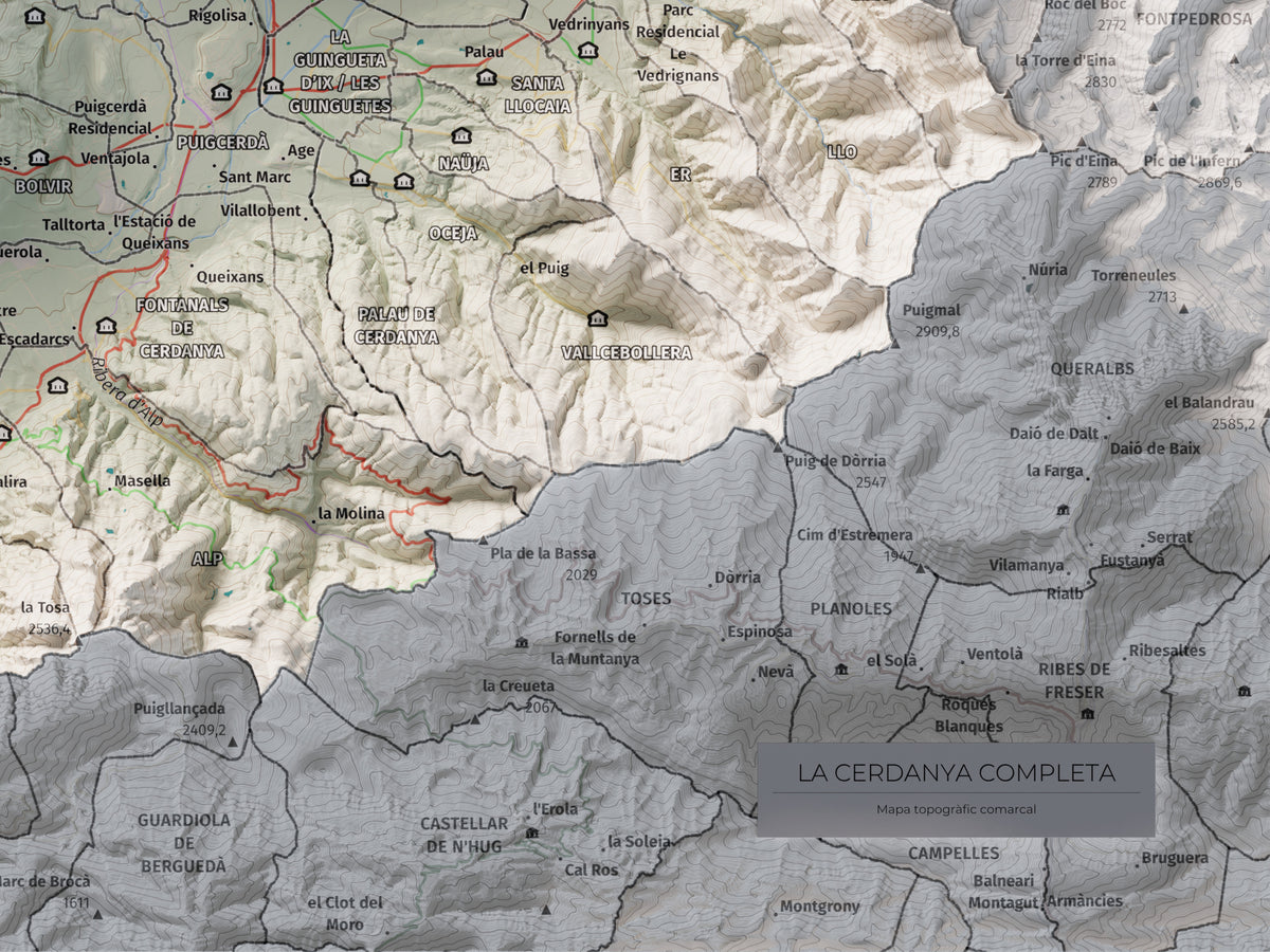 Mapa de relleu de la Cerdanya completa, amb el territori en color i l’entorn en blanc. Detall de la part inferior dreta. 30 × 40 cm. Estil Cartogràfic.