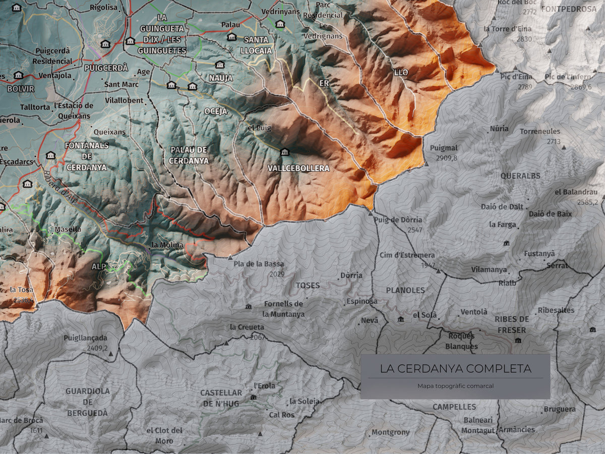 Mapa de relleu de la Cerdanya completa, amb el territori en color i l’entorn en blanc. Detall de la part inferior dreta. 30 × 40 cm. Estil Blau i taronja. Aigua del mapa en blanc.