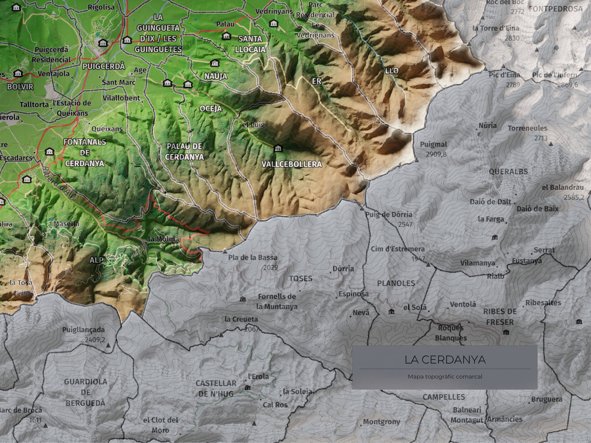 Mapa de relieve de la Cerdanya completa, con el territorio en color y el entorno en blanco. Detalle de la zona inferior derecha. 30 × 40 cm. Estilo Clásico.
