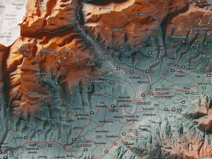Mapa de relieve de la Cerdanya completa, con el territorio en color y el entorno en blanco. Detalle de la zona central. 30 × 40 cm. Estilo Contrastado. Agua del mapa en blanco.