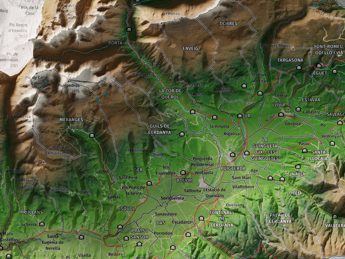 Mapa de relieve de la Cerdanya completa, con el territorio en color y el entorno en blanco. Detalle de la zona central. 30 × 40 cm. Estilo Clásico.