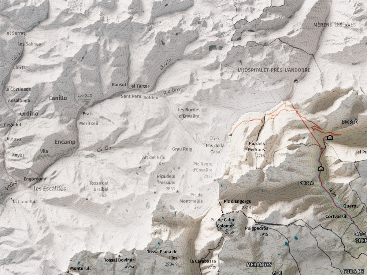 Mapa de relleu de la Cerdanya completa, amb el territori en color i l’entorn en blanc. Detall de la part superior esquerra. 30 × 40 cm. Estil Cartogràfic.