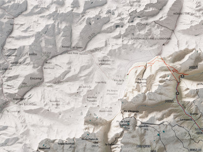 Mapa de relleu de la Cerdanya completa, amb el territori en color i l’entorn en blanc. Detall de la part superior esquerra. 30 × 40 cm. Estil Cartogràfic.