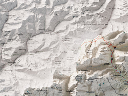 Mapa de relieve de la Cerdanya completa, con el territorio en color y el entorno en blanco. Detalle de la zona superior izquierda. 30 × 40 cm. Estilo Cartográfico.