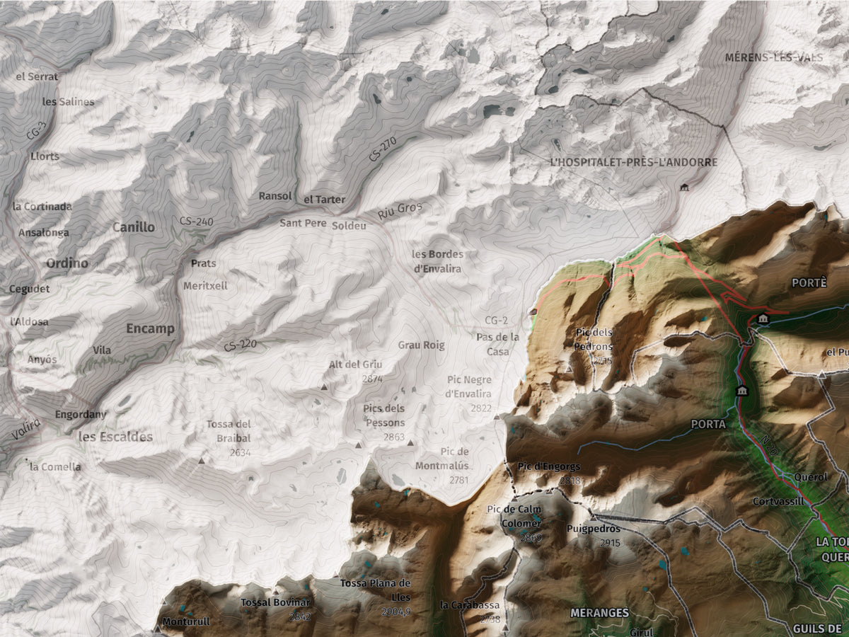 Mapa de relleu de la Cerdanya completa, amb el territori en color i l’entorn en blanc. Detall de la part superior esquerra. 30 × 40 cm. Estil Clàssic.