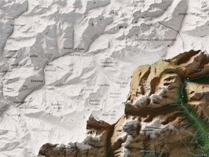 Mapa de relieve de la Cerdanya completa, con el territorio en color y el entorno en blanco. Detalle de la zona superior izquierda. 30 × 40 cm. Estilo Clásico.
