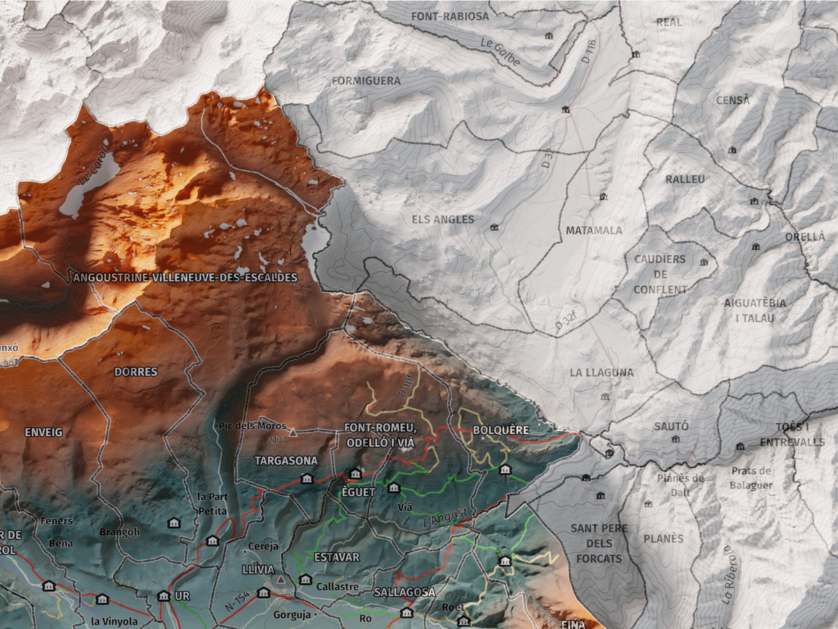 Mapa de relleu de la Cerdanya completa, amb el territori en color i l’entorn en blanc. Detall de la part superior dreta. 30 × 40 cm. Estil Blau i taronja. Aigua del mapa en blanc.