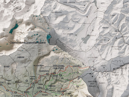 Mapa de relieve de la Cerdanya completa, con el territorio en color y el entorno en blanco. Detalle de la zona superior derecha. 30 × 40 cm. Estilo Cartográfico.