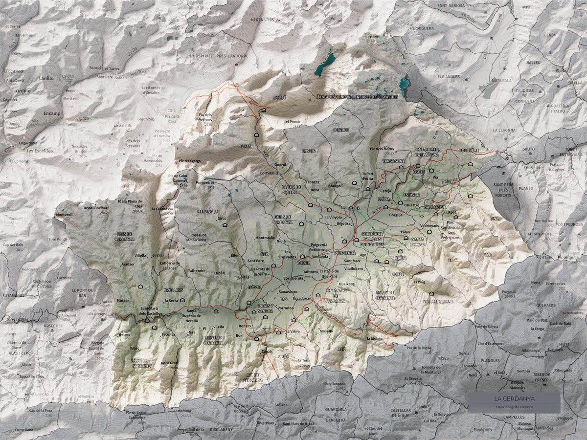 Mapa de relieve de la Cerdanya completa, con el territorio en color y el entorno en blanco. Vista completa de la lámina. 30 × 40 cm. Estilo Cartográfico.