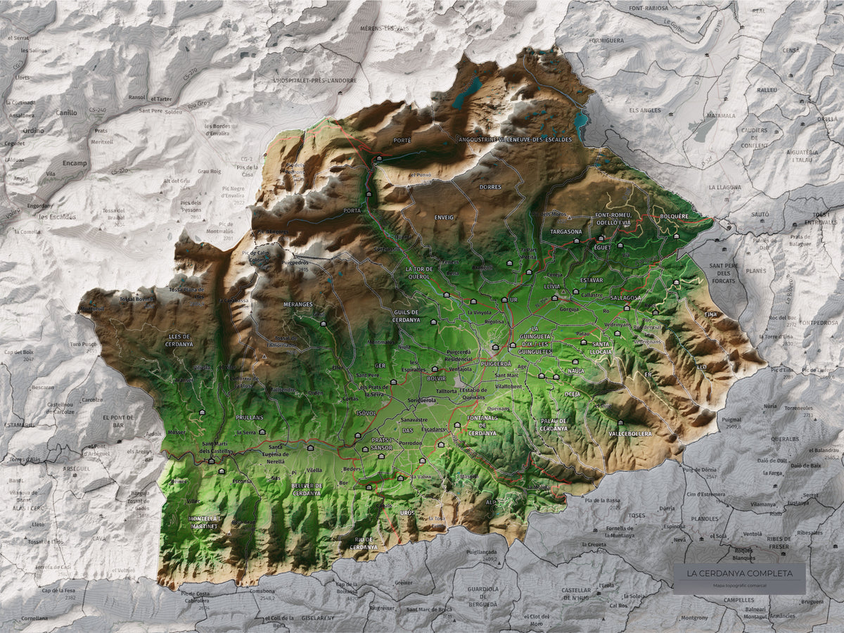 Mapa de relleu de la Cerdanya completa, amb el territori en color i l’entorn en blanc. Vista completa de la làmina. 30 × 40 cm. Estil Clàssic.